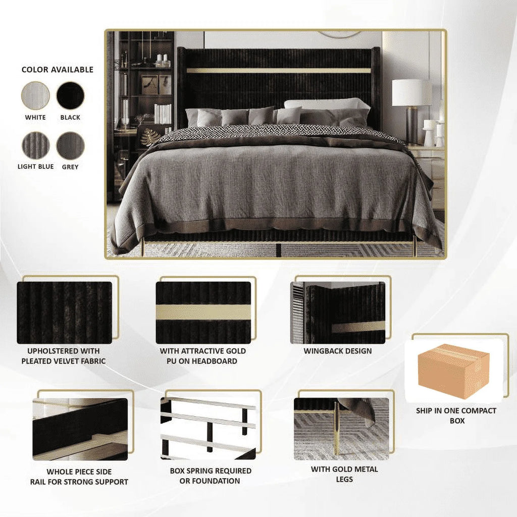 Gold PU Strip Wingback Velvet Upholstered Bed Black, Full C1777