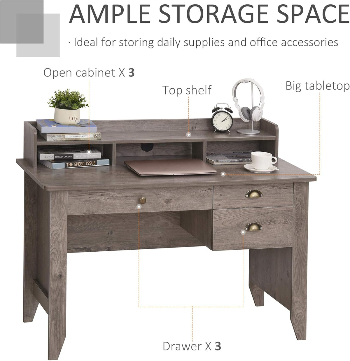 Grey Computer Desk with Hutch 3 Drawers F87175