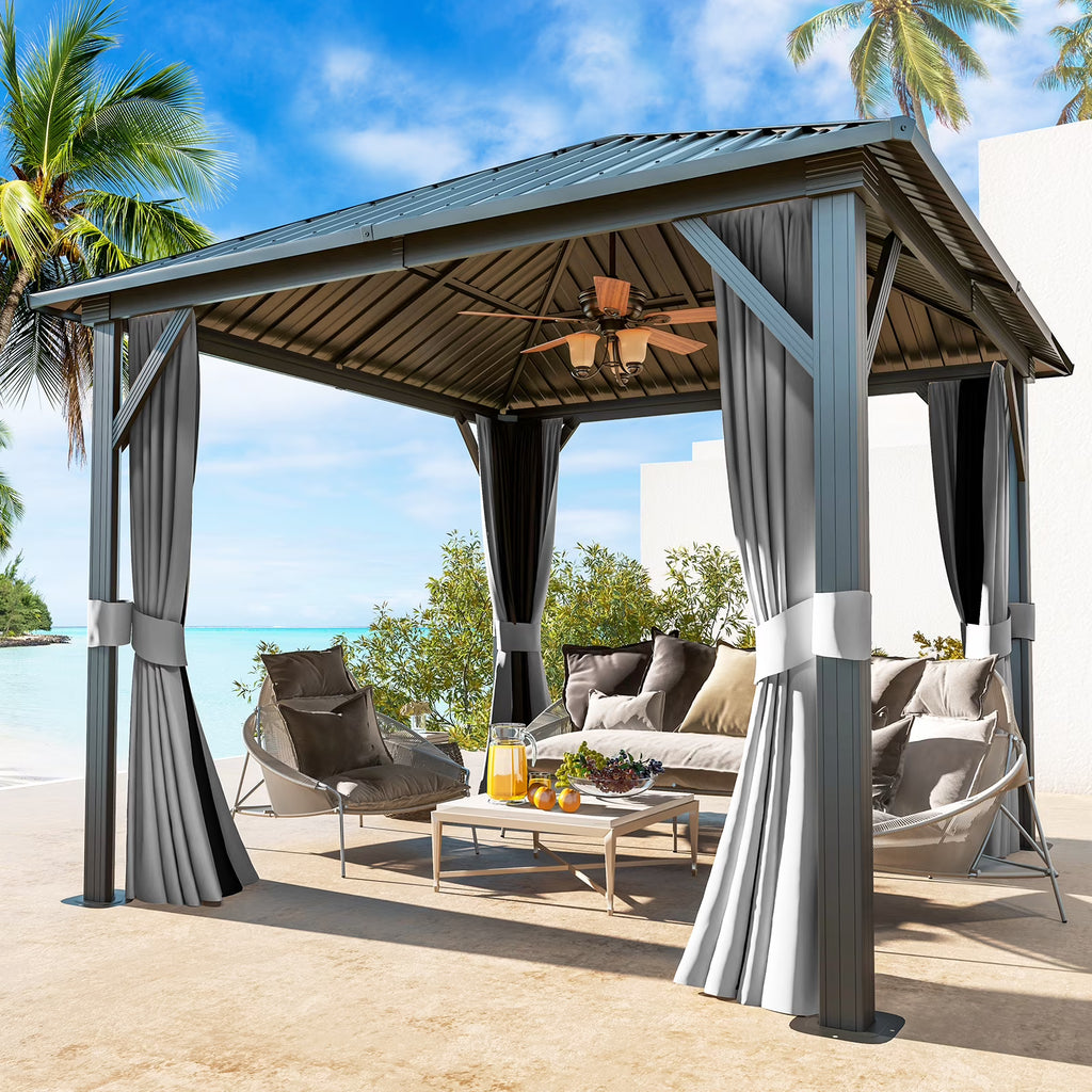 10x 10 Hardtop Gazebo with Netting and Curtain, Gray O34871