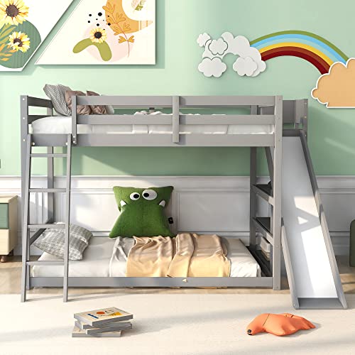 Modern Grey Wood Bunk Bed with Slide and Storage Shelves N894