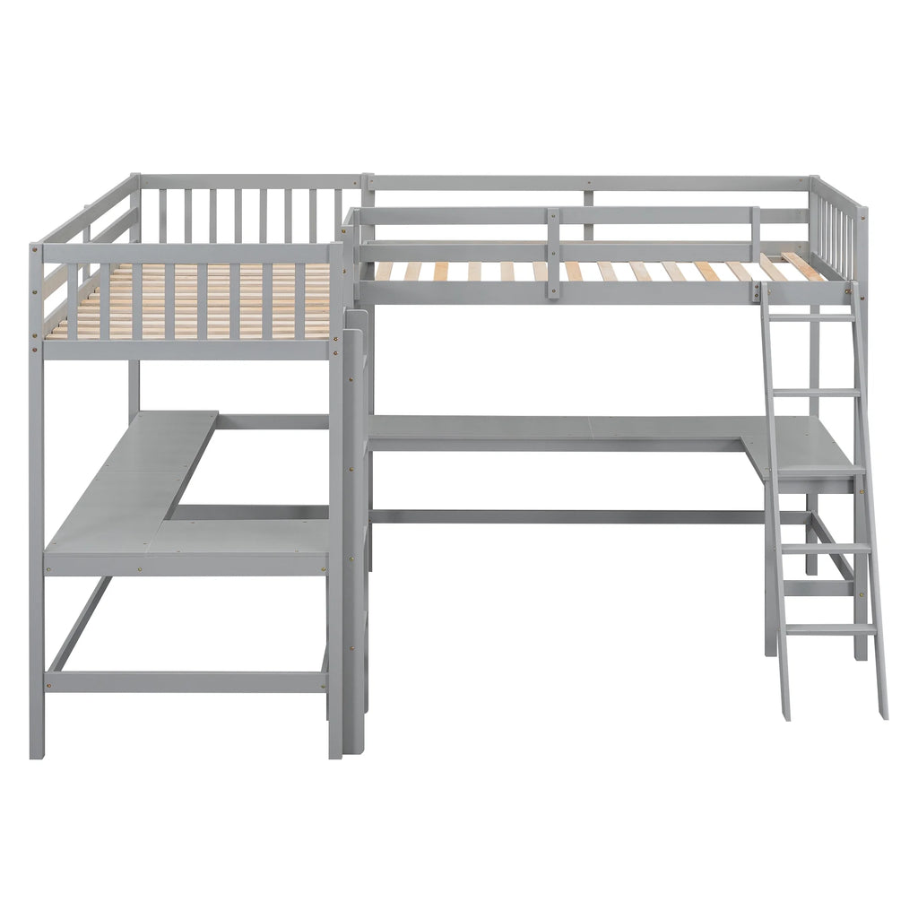 Twin Size L-Shaped Loft Bed with Desk, Ladder and Guardrails D820