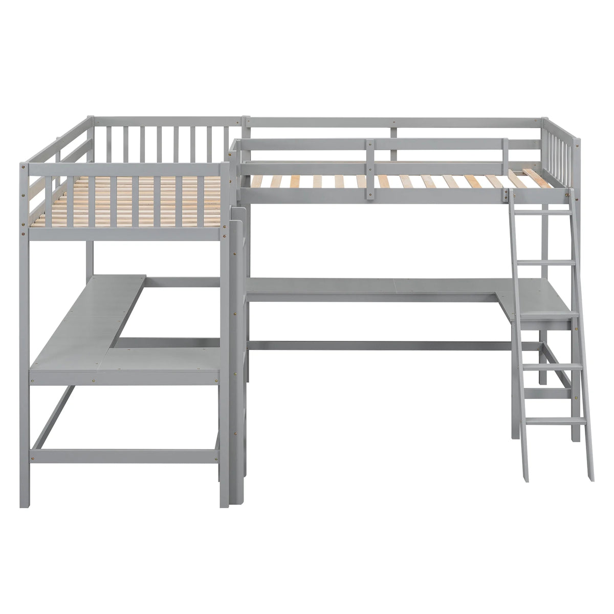 Twin Size L-Shaped Loft Bed with Desk, Ladder and Guardrails D820