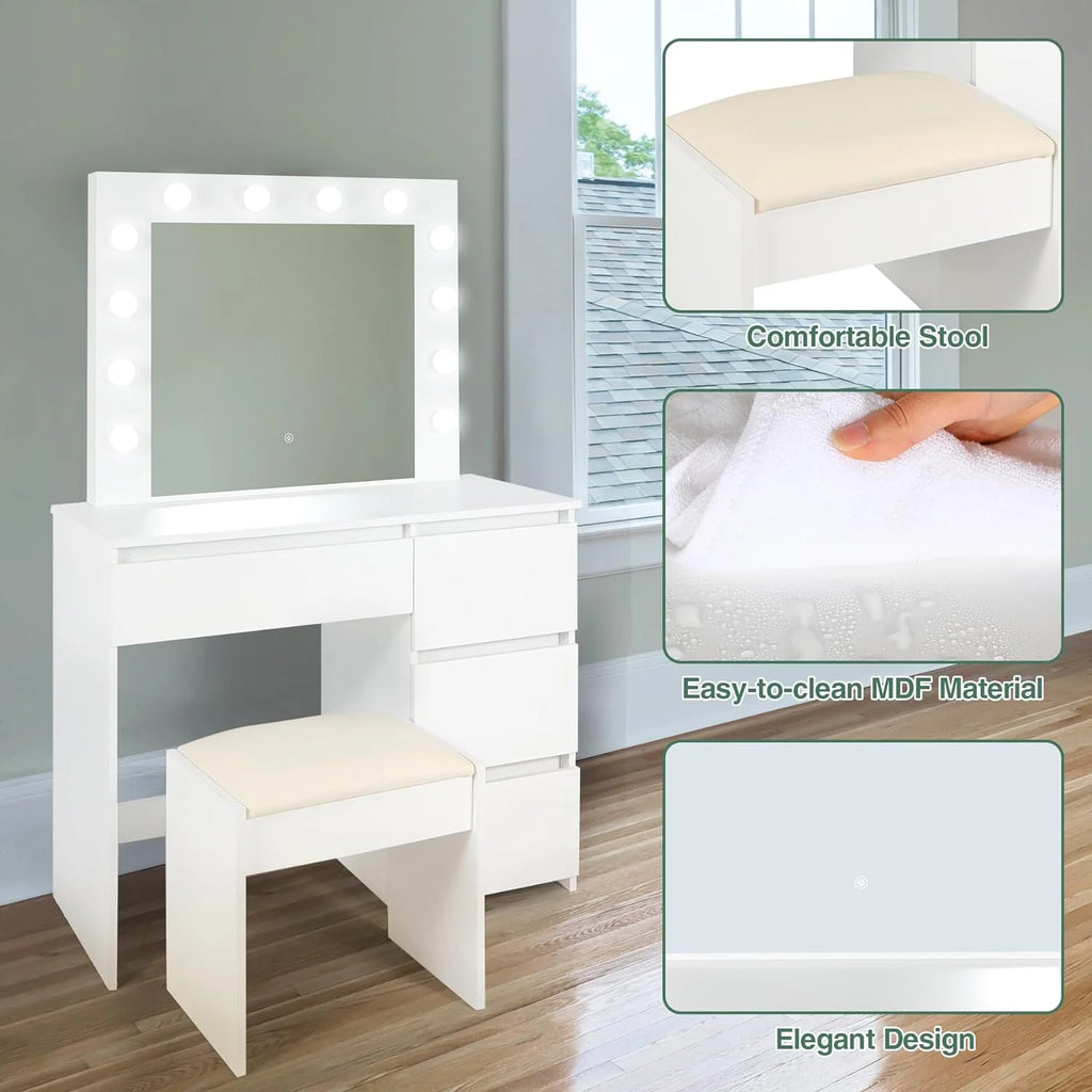 White Makeup Vanity Set with Lights, 4 Drawers and Cushioned Stool W704953