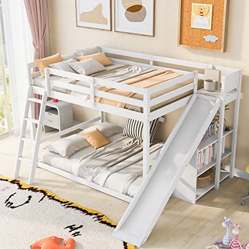 Modern Grey Wood Bunk Bed with Slide and Storage Shelves N894