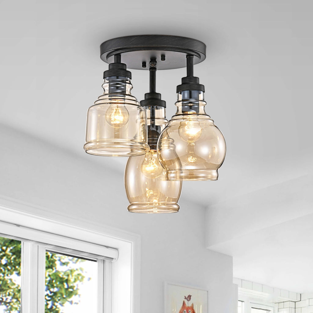 Antique Black 3-Light Flush Mount with Cognac Glass Shade C445698