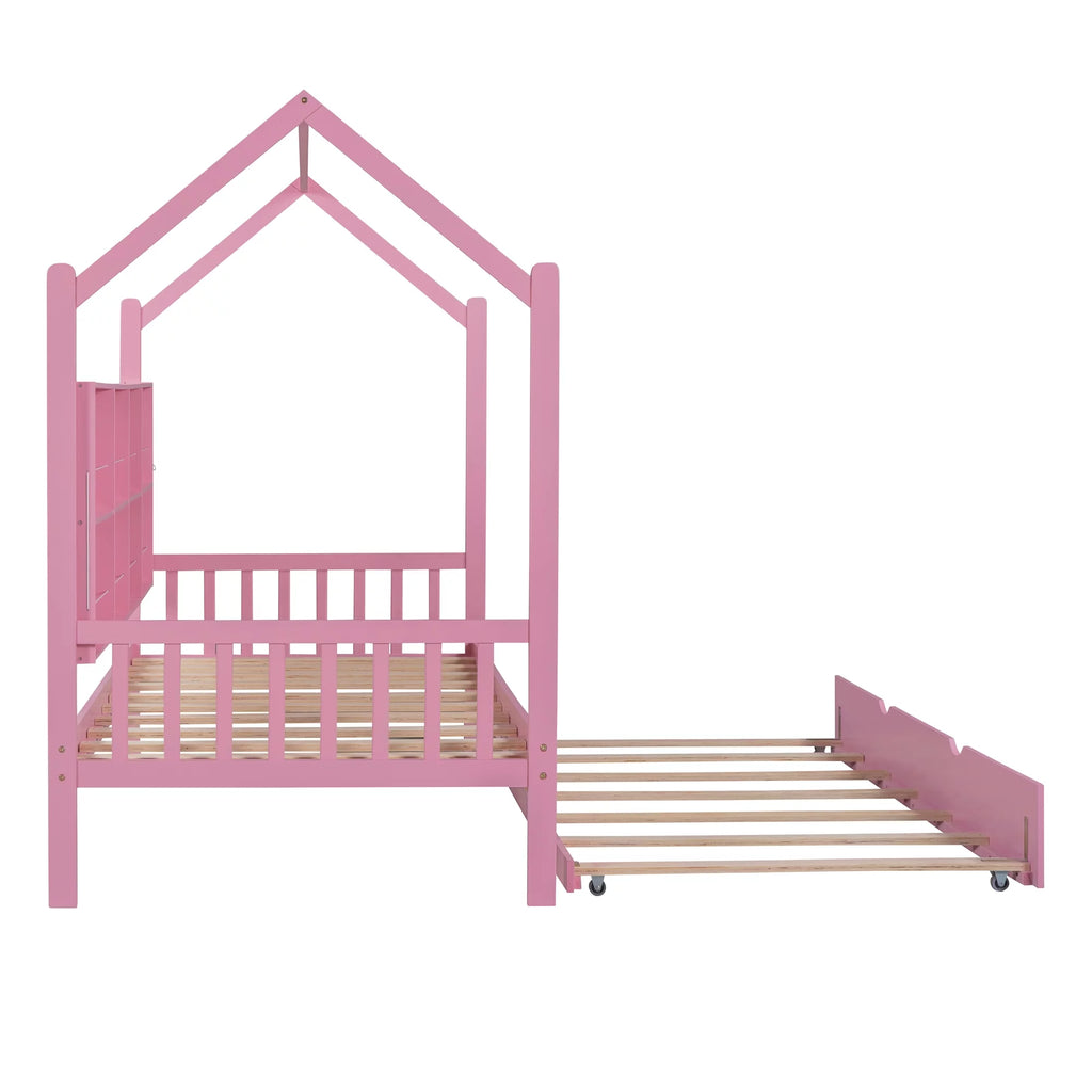 Wooden Twin Size House Bed with Trundle and Shelf X356