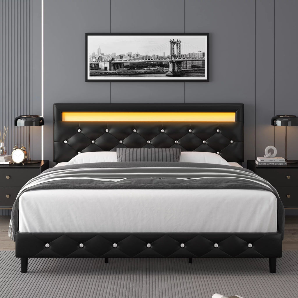Queen Size LED Upholstered Platform Bed Frame with Adjustable Headboard M521809