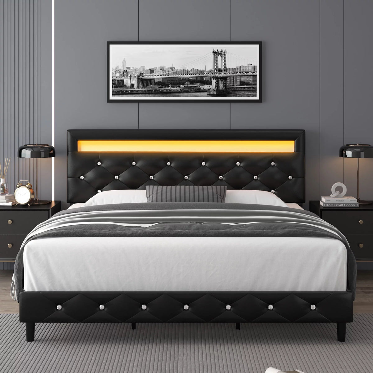 Queen Size LED Upholstered Platform Bed Frame with Adjustable Headboard M521809