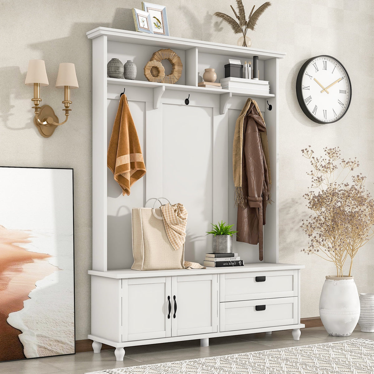 White Hall Tree with Storage Cabinet and 2 Drawers Z449588