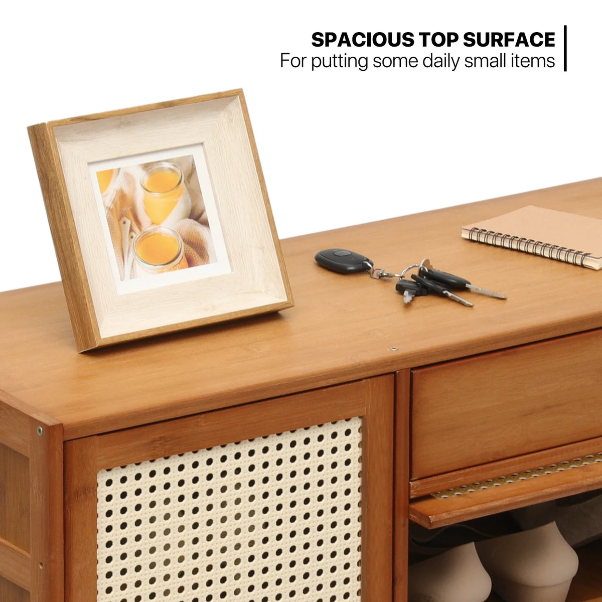 6-Tiers Rattan Shoe Storage Cabinet with Drawer, 32 Pairs, 8 Boots Compartments, Brown E571085