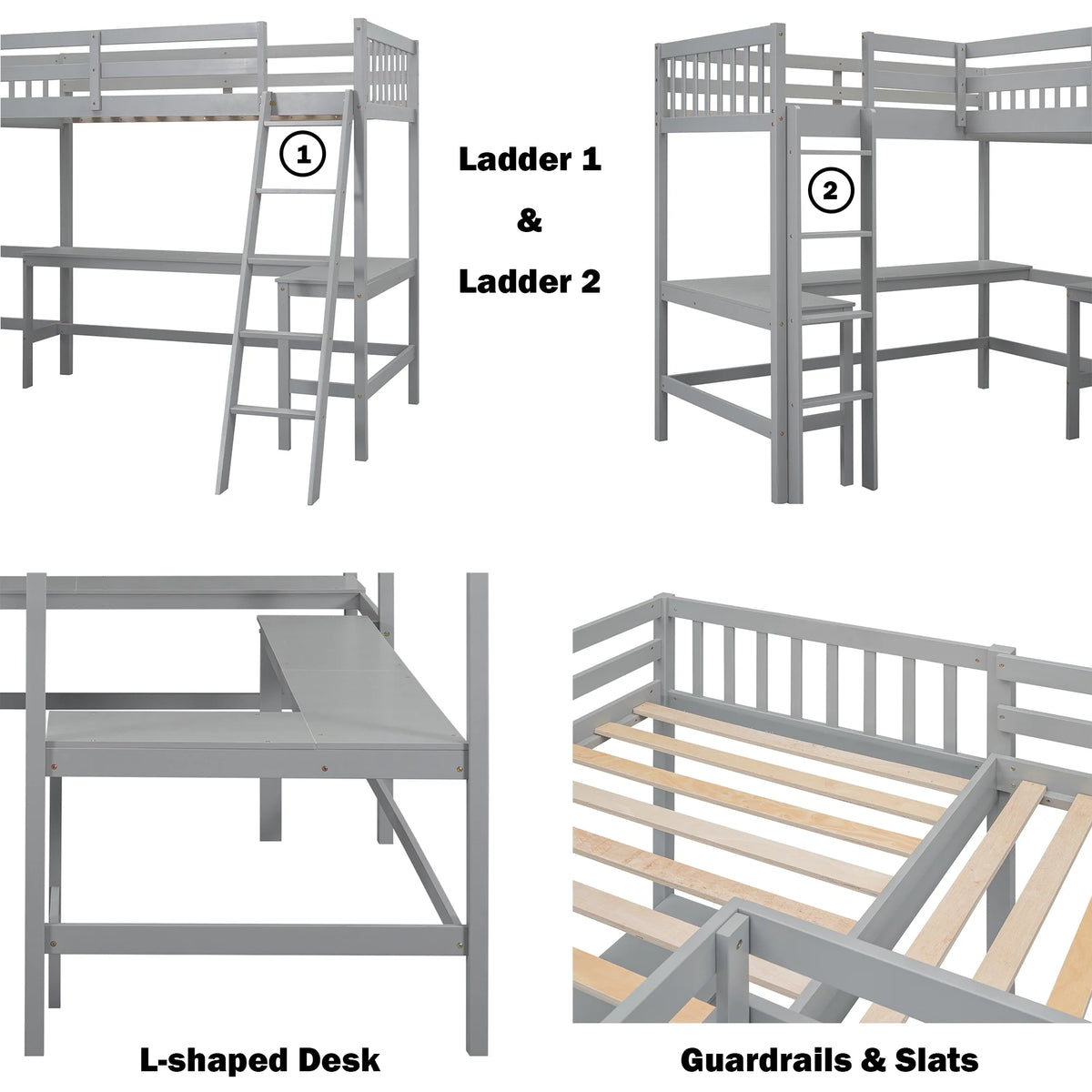 Twin Size L-Shaped Loft Bed with Desk, Ladder and Guardrails D820