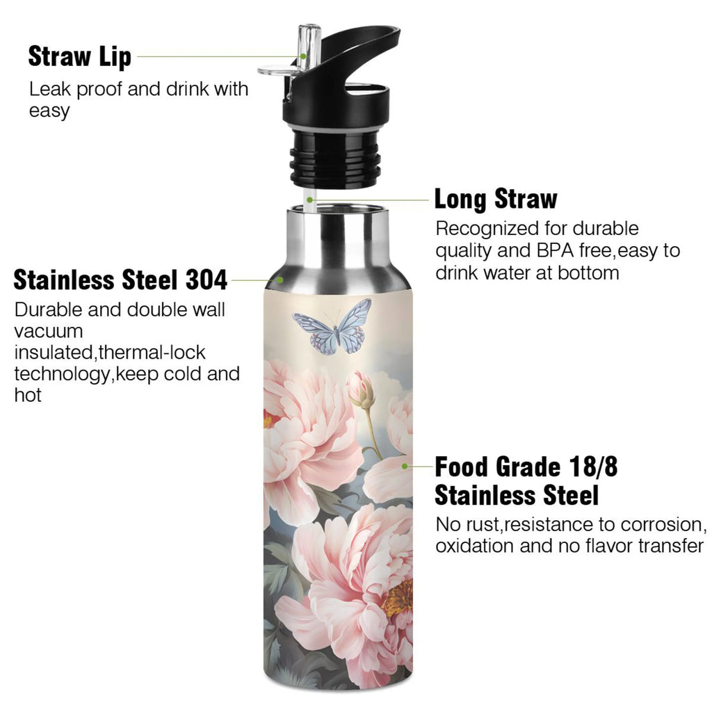 Pink Flowers and Butterflies Stainless Steel Insulated Water Bottle Q1917