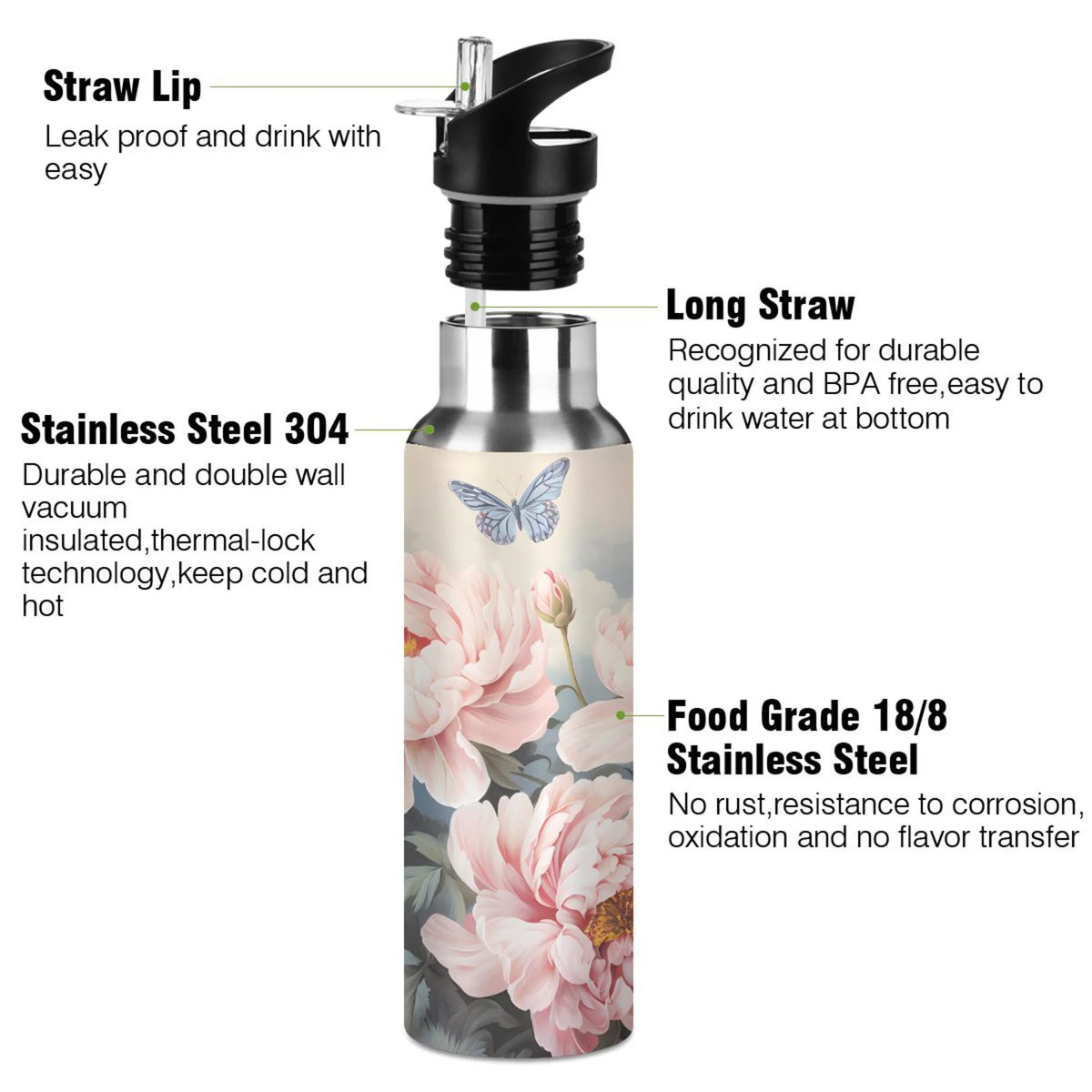 Pink Flowers and Butterflies Stainless Steel Insulated Water Bottle Q1917