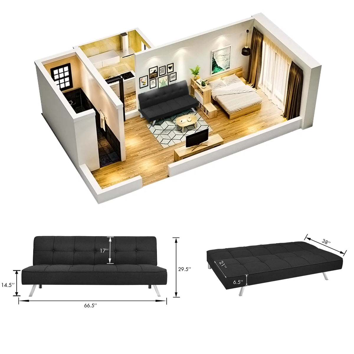 Black Convertible Fabric Futon Sofa Bed H831733