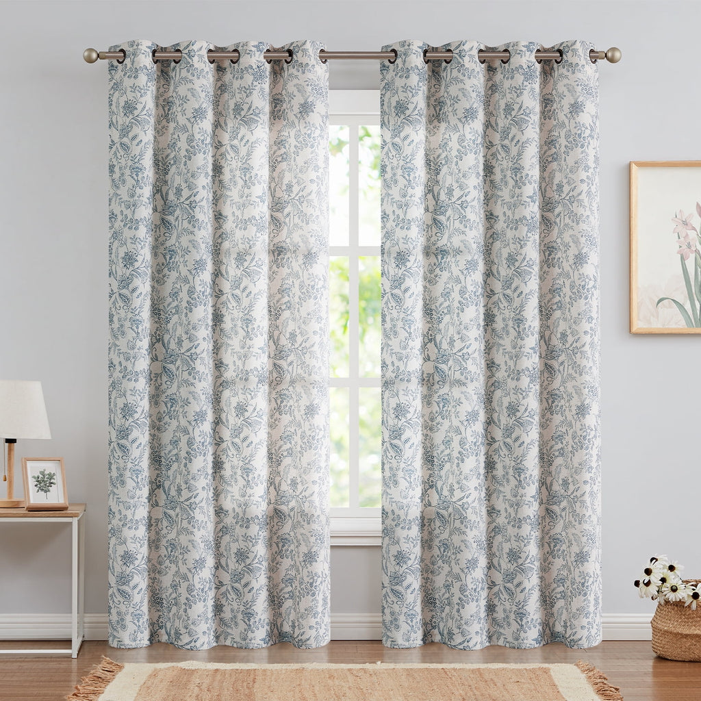 Floral Linen Semi Sheer Curtains 84 inch 2 Panels Blue on Beige H2175