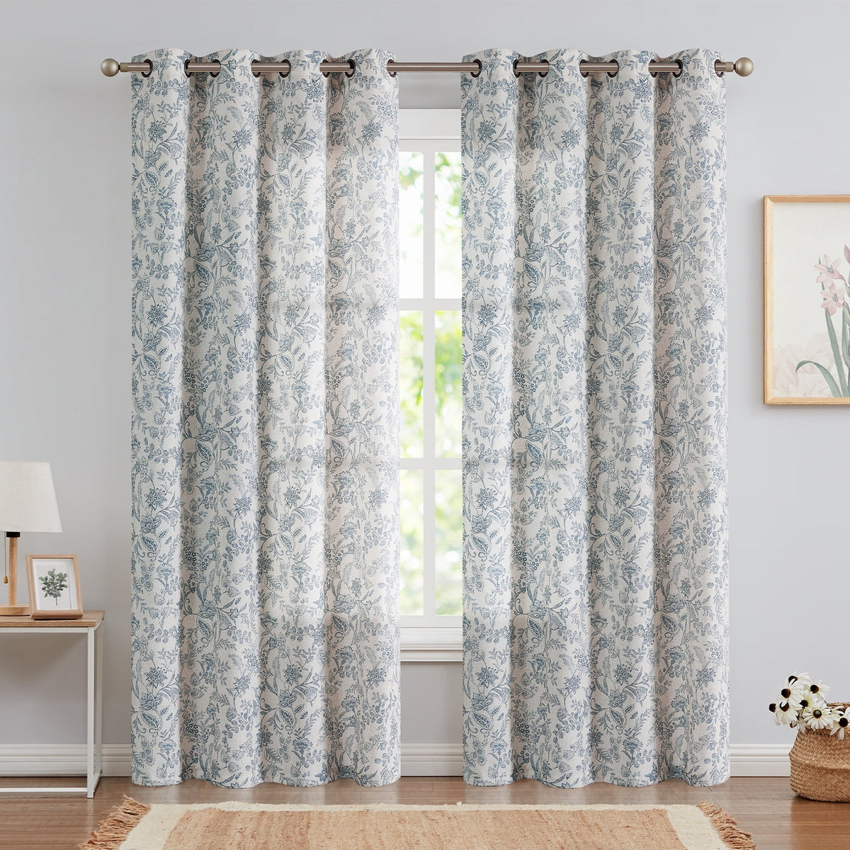 Floral Linen Semi Sheer Curtains 84 inch 2 Panels Blue on Beige H2175